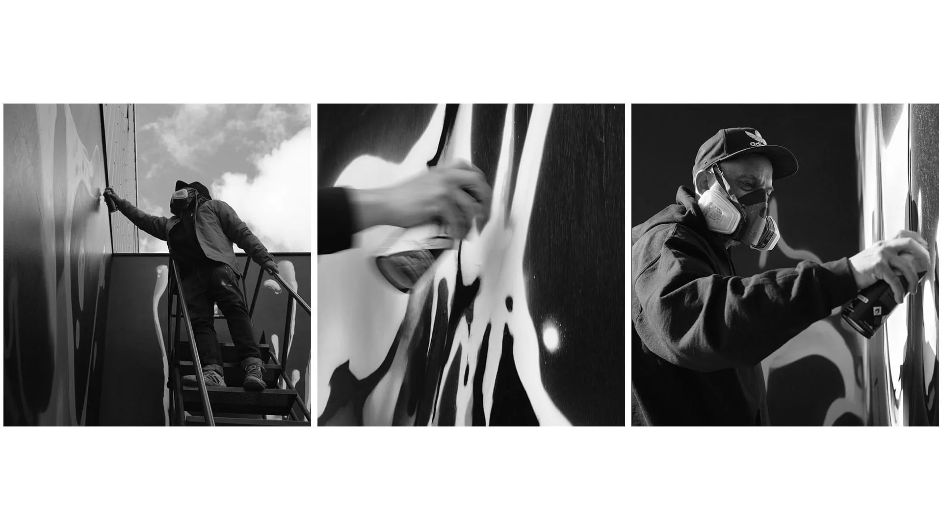  A black and white triptych of a graffiti artist at work on a billboard, with the middle panel showing a close-up of the artist's hands and the spray can, and the left and right panels showing the artist from a distance with a ladder and spray painting the billboard.